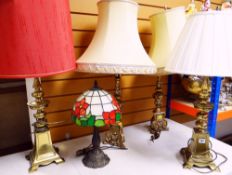 TWO PAIRS OF REPRODUCTION TABLE LAMPS WITH SHADES together with a reproduction Tiffany-style table