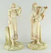 PAIR OF ROYAL WORCESTER PORCELAIN BLUSH MUSICIAN FIGURES both standing against a plinth, gentleman