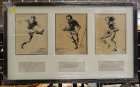 MARCUS trio of pen and ink drawings - famous Welsh rugby players in action with signatures of each
