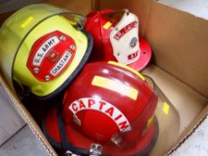THREE AMERICAN FIRE BRIGADE HELMETS including US Army helmet (3)