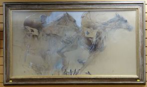 MIRJAM VERHOEFF (b.1939) mixed media - horse racing action, 'Half a Length Ahead' entitled verso