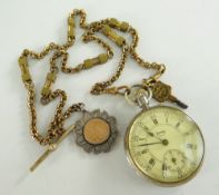 SILVER PLATED 'SERVICES SCOUT' POCKET WATCH with yellow metal 'T' bar chain with silver engraved '