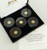CASED HARRINGTON & BYRNE SET OF FIVE QUARTER SOVEREIGNS to commemorate 200th Anniversary of Queen