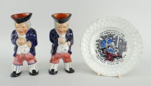 PAIR OF UNUSUAL 19TH CENTURY POTTERY TOBY SPILL VASES modelled as standing men with jugs of beer