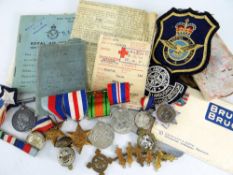 ASSORTED MILITARIA including WWI & WWII medals, cap badge, St Johns pendant and bars, paperwork