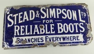 EARLY 20TH CENTURY ENAMEL ADVERTISING SIGN for Stead & Simpson Ltd for 'Reliable Boots Branches
