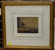 WILLIAM PAYNE watercolour - coastal scene with figures, inscribed verso 'Oyster Mouth Castle,