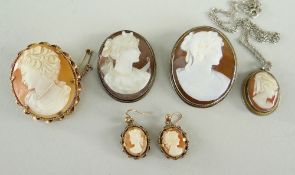 ASSORTED CAMEO JEWELLERY to include 9ct gold set bar brooch, pair of 12ct 'clewco' cameo earrings,