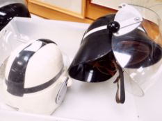TWO HENDRY LEATHER FIRE BRIGADE HELMETS WITH PERSPEX VISORS, cream and black (2)