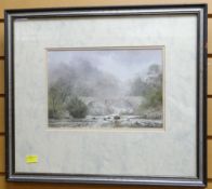 GARETH THOMAS watercolour - double arched stone bridge over a wood lined river, signed, 19 x 27.