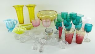 ASSORTED VICTORIAN COLOURED GLASSWARE including pair of uranium oxide trumpet vases, green tinted