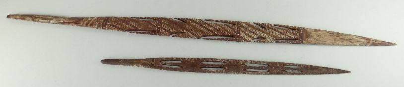 TWO ABORIGINE PUKAMANI RITUAL SPEARPOINTS, Tiwi people, Melville & Bathurst Islands, NT, painted