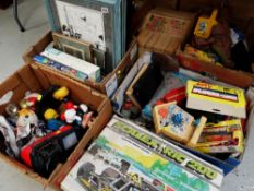 LARGE LOT OF ASSORTED TOYS, CHILDREN'S BOOKS, DIECAST TOYS, PRINTS & BEANO COMICS (7 boxes)