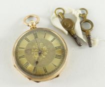 14K YELLOW GOLD OPEN FACE KEY-WIND POCKET-WATCH floral and textured engraving to encasement,
