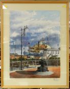GRAHAM BROOKS watercolour - Cardiff Docks, entitled 'The Essiflora (was the last ship to use the