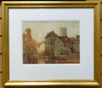 FRED LAWSON (1888-1968) watercolour - town with church tower and horse in cart, signed and dated