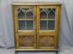 VINTAGE OAK CABINET BOOKCASE with leaded glazed top doors and reeded side detail, 107cms H, 97cms W,