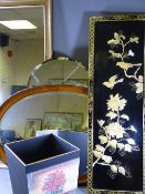 THREE VINTAGE WALL MIRRORS, a Chinese chinoiserie type panel and a modern wastepaper basket