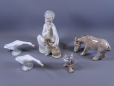 LLADRO MULE A/F, perched owl, two geese and a child with puppy (5)