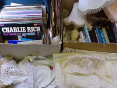 VINTAGE LP RECORDS, 45rpm records, table linen and books ETC