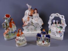 STAFFORDSHIRE POTTERY - two Red Riding Hood and dog groups, a Staffordshire blue roofed cottage