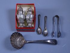 SMALL SILVER, a quantity including a pair or urn shape pepper pots with ribbon swag decoration, a