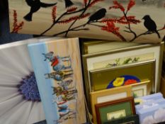 MODERN BOX FRAME CANVAS and other pictures, prints and woolwork tapestries, a quantity