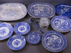 WILLOW & BLUEWARE - parcel of four small oval platters, six circular plates, ladle and lidded pot