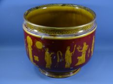 ROYAL DOULTON POTTERY JARDINIERE, classical Greek decoration on a burgundy ground (AF with staple