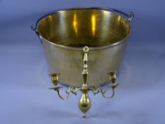 LARGE CIRCULAR BRASS SKILLET with steel handle and a twin branch brass wall mounted candle holder