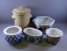 PLANTER POTS - a good reproduction hexagonal planter pot, two other circular pots, an oval pot