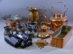 BRASS & COPPERWARE - a good parcel, three pewter tankards, a pair of binoculars ETC