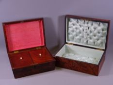 TWO ANTIQUE LIDDED BOXES including a burr walnut sewing box with padded satin lining and a
