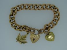 9CT GOLD ANTIQUE CHARM BRACELET, heart shape chase decorated padlock clasp and large links with