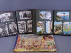 TWO VINTAGE POSTCARD ALBUMS and a Coronation scrapbook, over four hundred postcards, British and