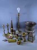 BRASS CANDLESTICKS, dainty lady bells and other items of mixed metalware