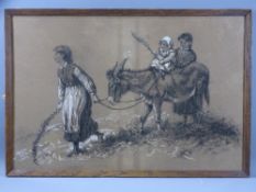 AN AMUSING VICTORIAN charcoal and chalk drawing - children with a donkey, 30 x 45cms