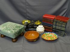 GILT TOOLED BOOKS, brass and cast iron kitchen scales and weights, a small selection of household