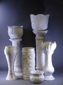 POTTERY STICKSTAND, four various jardinieres on stands and one other