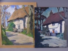 NEWLYN SCHOOL OILS (2) - 'Thatched Cottage', 'Day and Night', 37 x 29cms