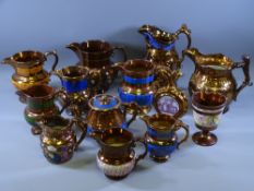 TEN COPPER LUSTRE JUGS, mixed sizes and condition and a copper lustre goblet, small teapot and '