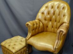 BUTTON BACK TAN LEATHER CLUB TYPE CHAIR and box footstool, 114cms H, 77cms W, 58cms D the seat