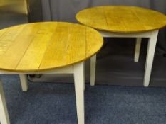 *TWO OAK TOPPED KITCHEN TYPE TABLES on painted white legs, 107cms D