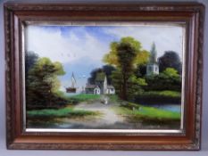 PAINTING ON GLASS - lakeside scene with boats, church and cottage with figure on a path, 39 x 60cms