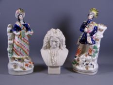 STAFFORDSHIRE FLATBACK FIGURINES, a pair, along with a Parian bust of Handel