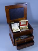 REPRODUCTION MAHOGANY COLLECTOR'S BOX & CONTENTS to include mainly vintage continental coinage and a