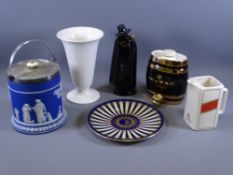 MIXED POTTERY & PORCELAIN, a quantity, including a Wedgwood biscuit barrel and trumpet vase,