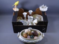 MIXED STAFFORDSHIRE & OTHER CHINA, a small box, and a parcel of mineral decorative eggs in a pottery