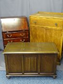 THREE VINTAGE & LATER FURNITURE ITEMS to include an oak tallboy, a lidded blanket chest with linen