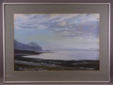 JOHN PELL mixed media - North Lleyn coast scene with Trefor Quarry Mountain in the background,